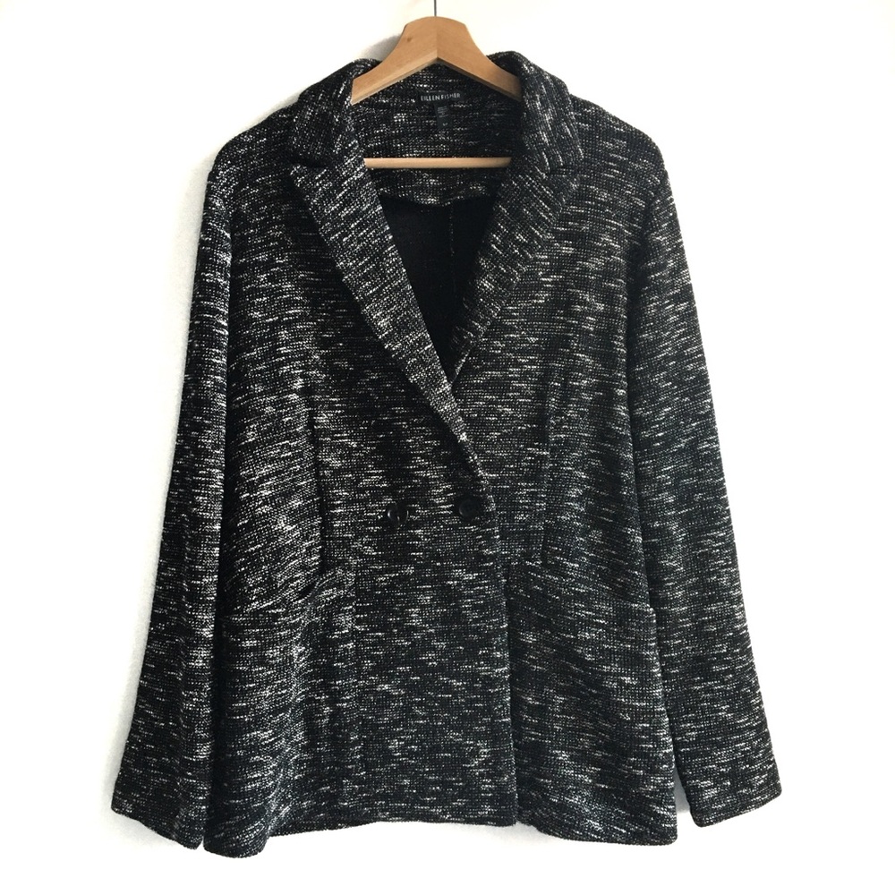 Eileen Fisher Tweedy Classic Collar Blazer Jacket Organic Cotton Black White S